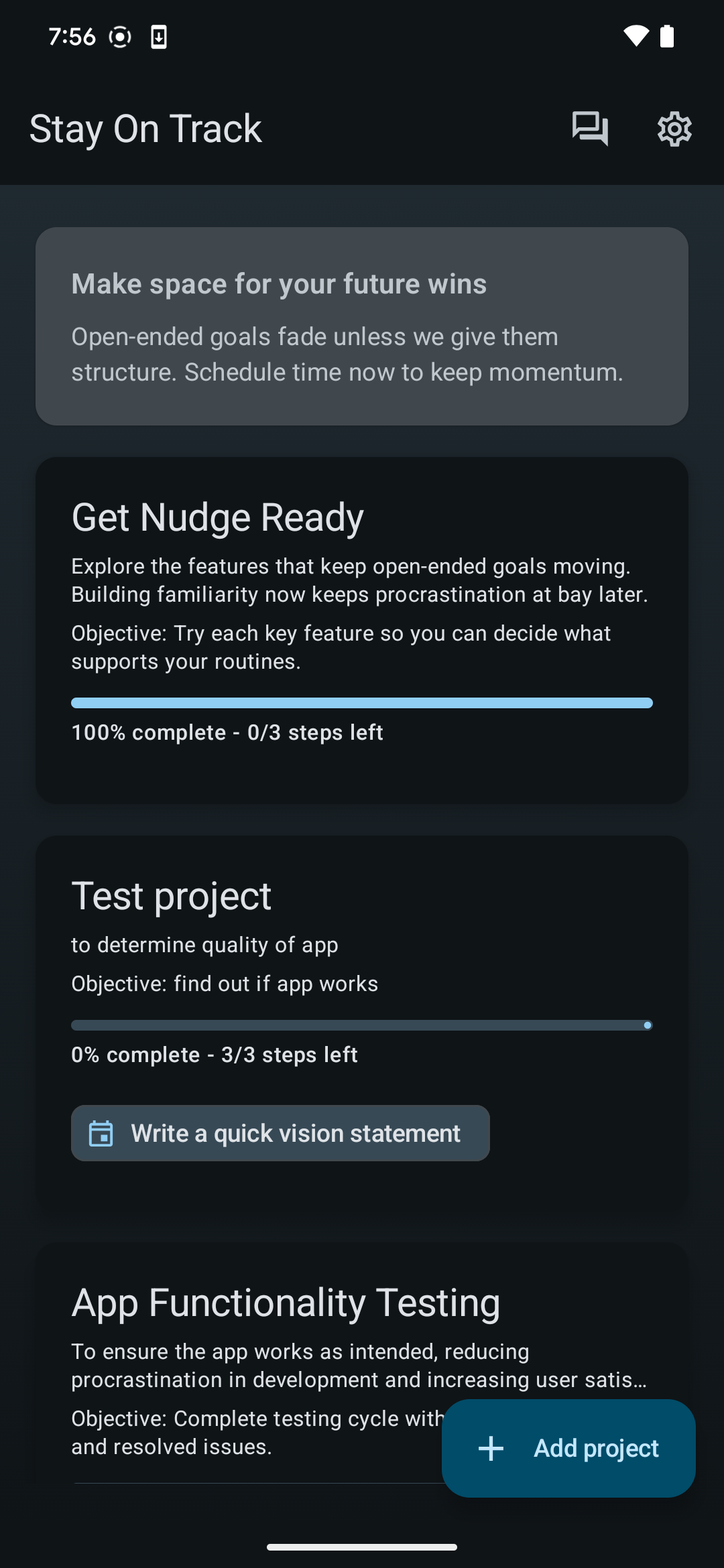 Nudge add project screen