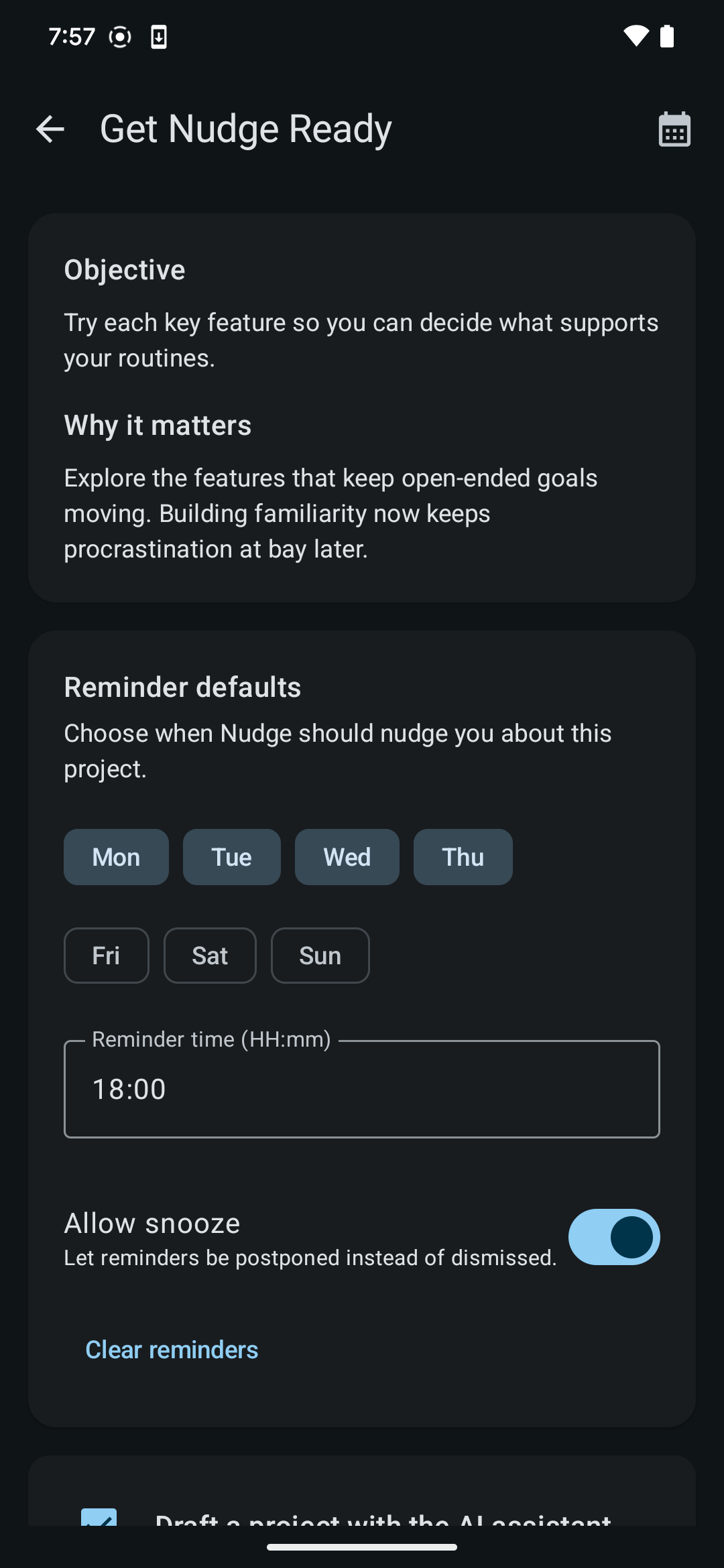 Nudge notification schedule screen
